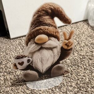 Brown Coffee Gnome Figurine with Peace Sign